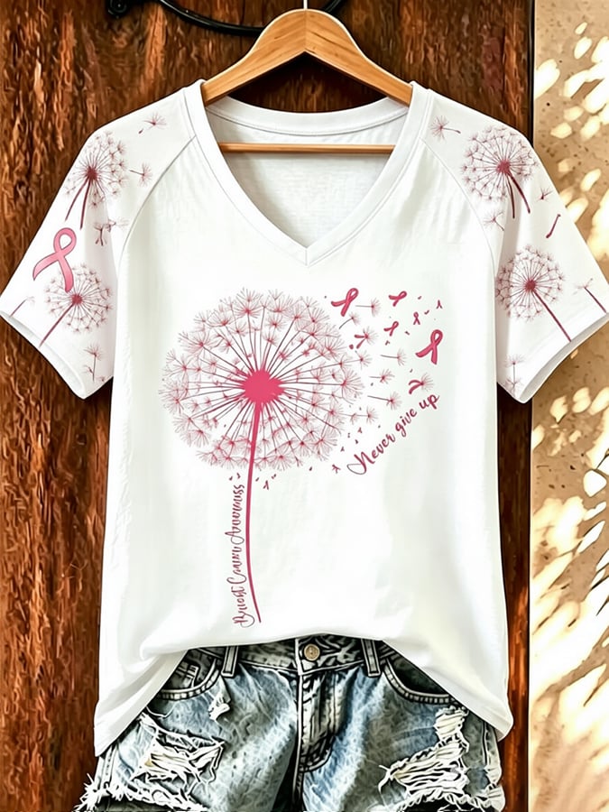 Women's Retro Flower Breast Cancer Awareness Printed T-Shirt