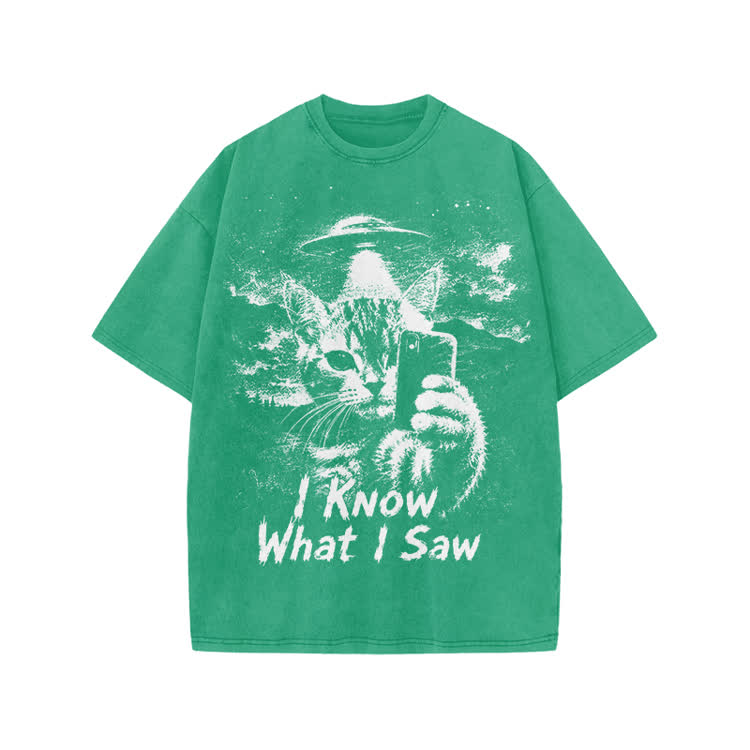 I Know What I Saw Cat Print Washed T-Shirt