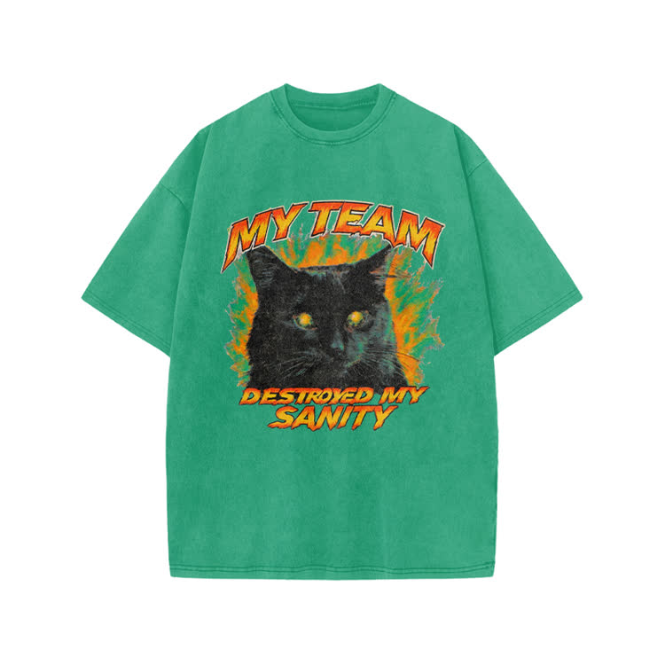 My Team Destroyed My Sanity Black Cat Graphic Print Acid Washed T-shirt