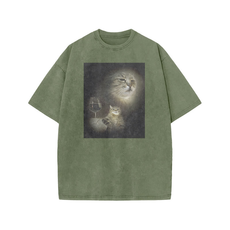Unisex Cat And Wine Print Acid Washed T-shirt