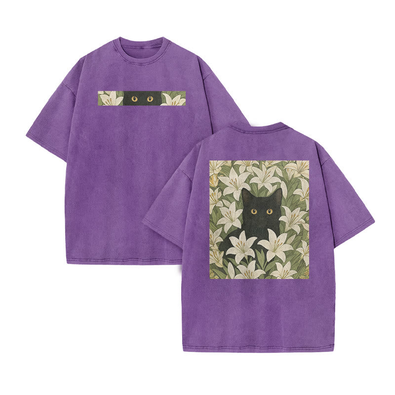 A Black Cat In A Field Of White Lilies Print Acid Washed T-shirt