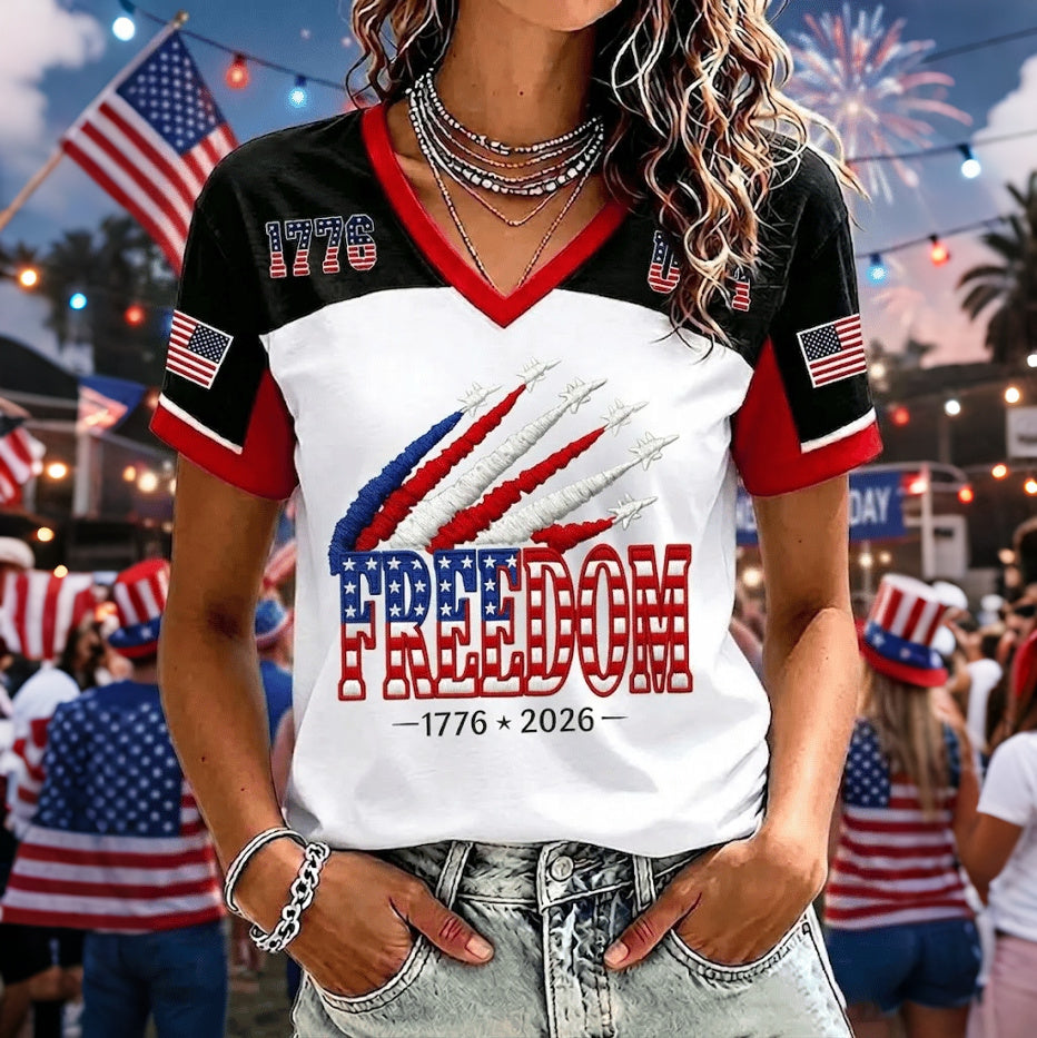 Women's Independence Day Print V-neck Short Sleeve Casual T-shirt