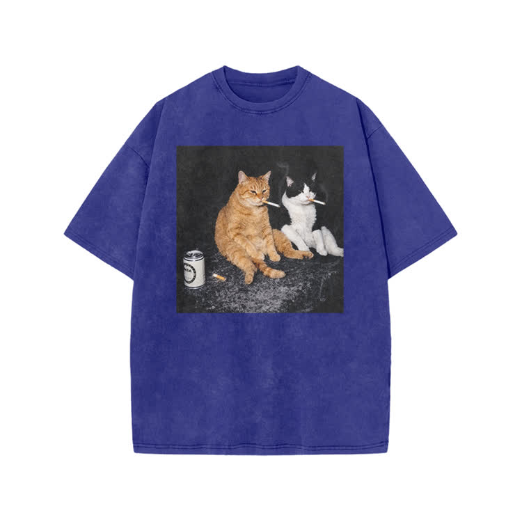 Vintage Smoking Cats Graphic Print Acid Washed T-Shirt