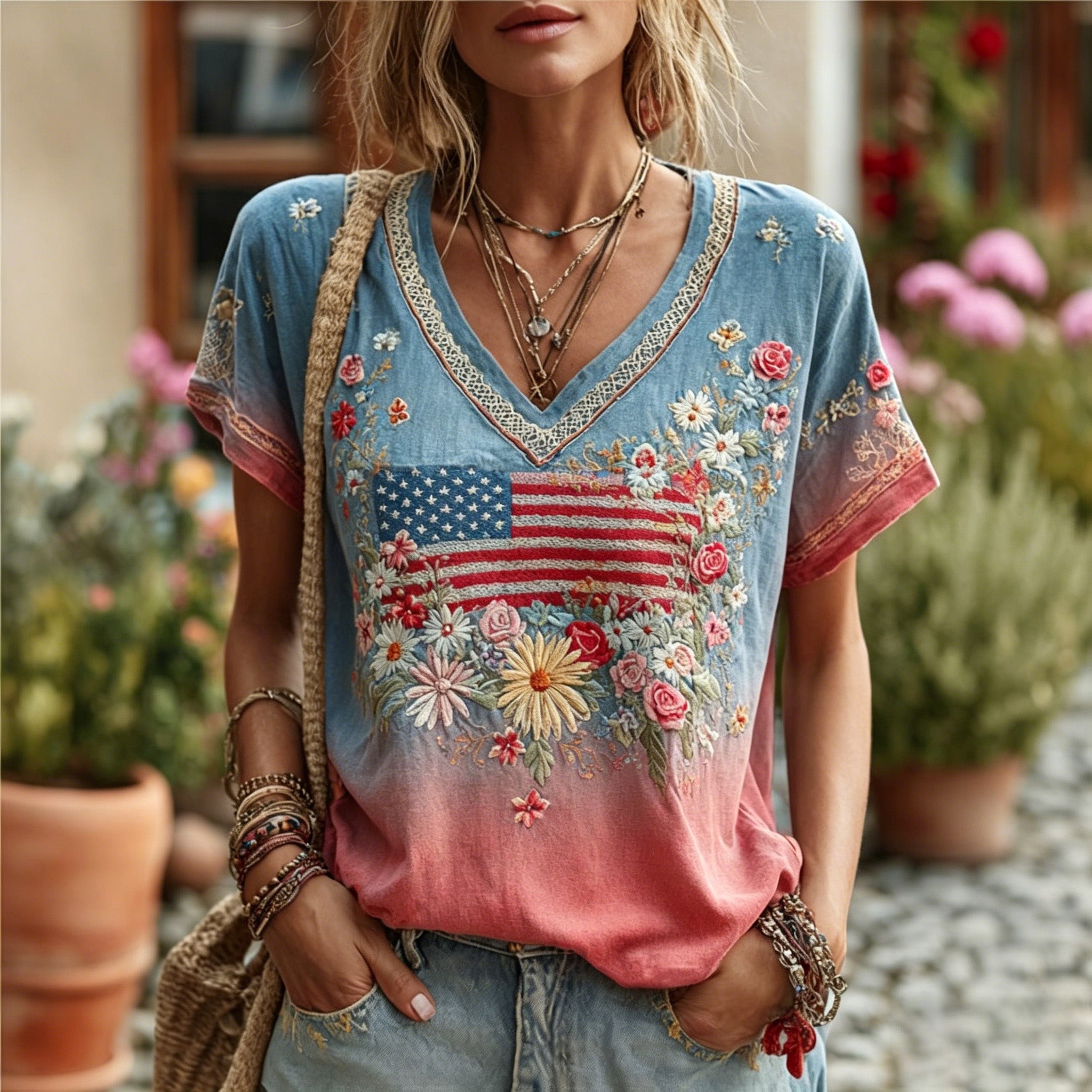 Women's Retro Independence Day Flag Floral Embroidery Cotton Linen T-shirt