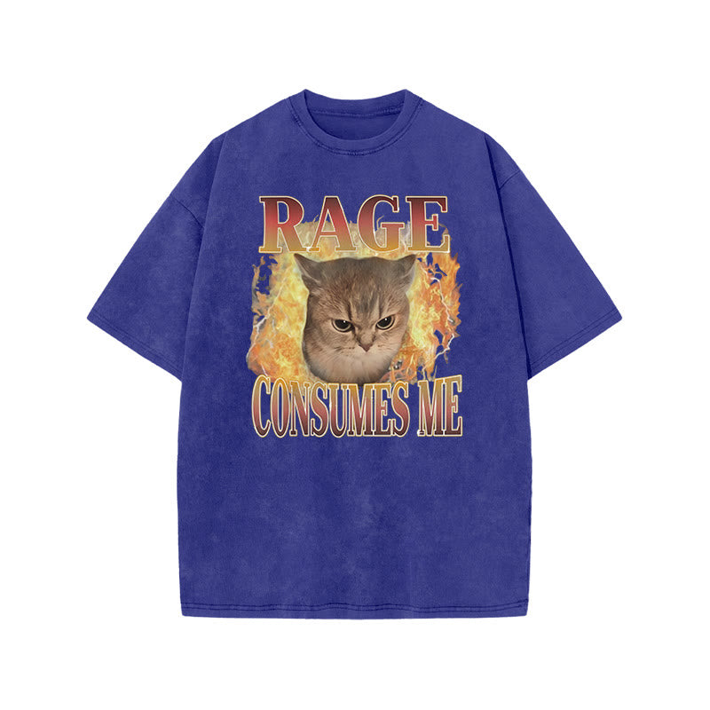 Rage Consumes Me Meme Cat Print Acid Washed T-shirt