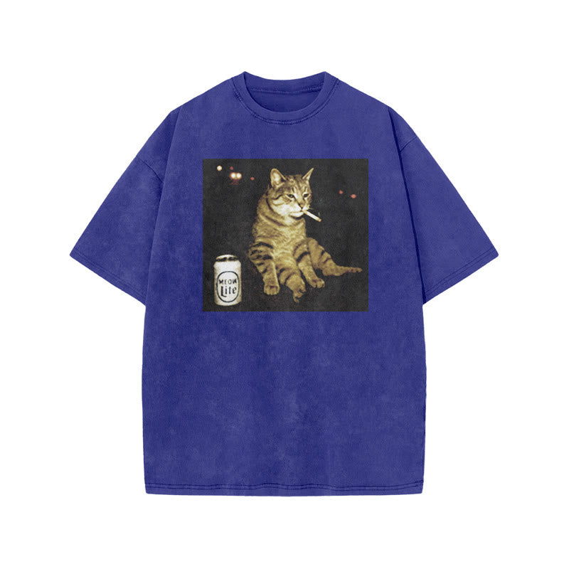 The Decadent Smoking Cat Meow Lite Beer Print Acid Washed T-shirt