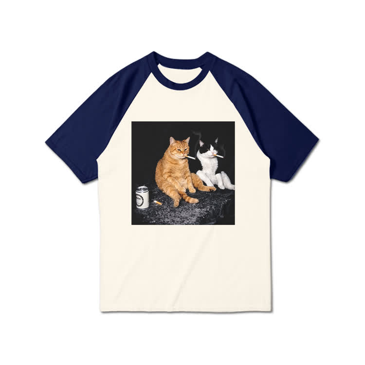 Vintage Smoking Cats Graphic Print Raglan Sleeve T-Shirt