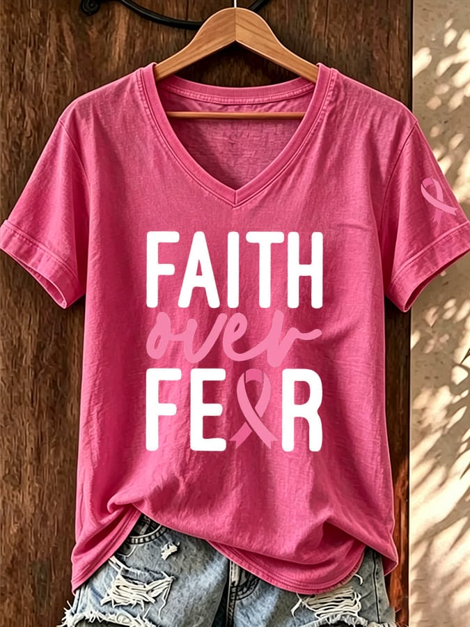 Women's Breast Cancer Awareness Faith Over Fear Graphic Casual T-Shirt