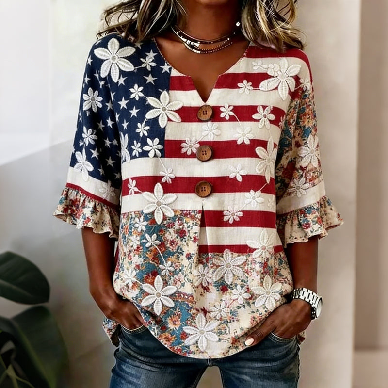 Women's Vintage Floral Flag Patchwork Art Print Tops