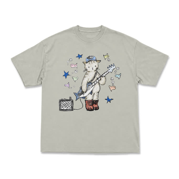 Artistic Star and Fish Guitar Cat Illustration T-Shirt
