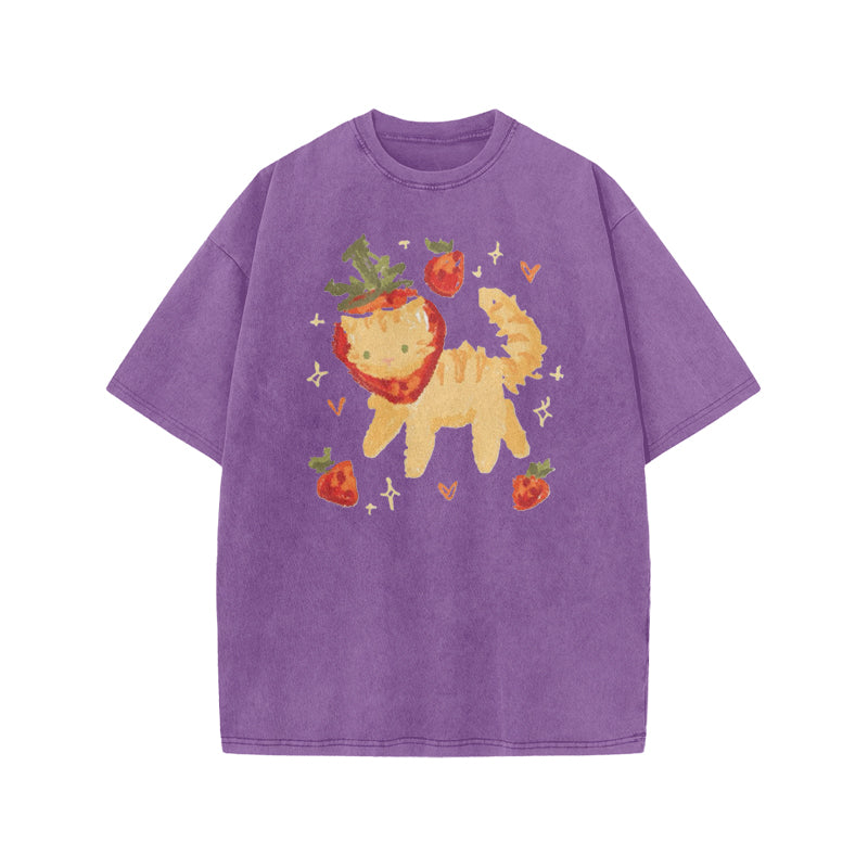 Cat Wearing A Strawberry Hood Print Acid Washed T-shirt