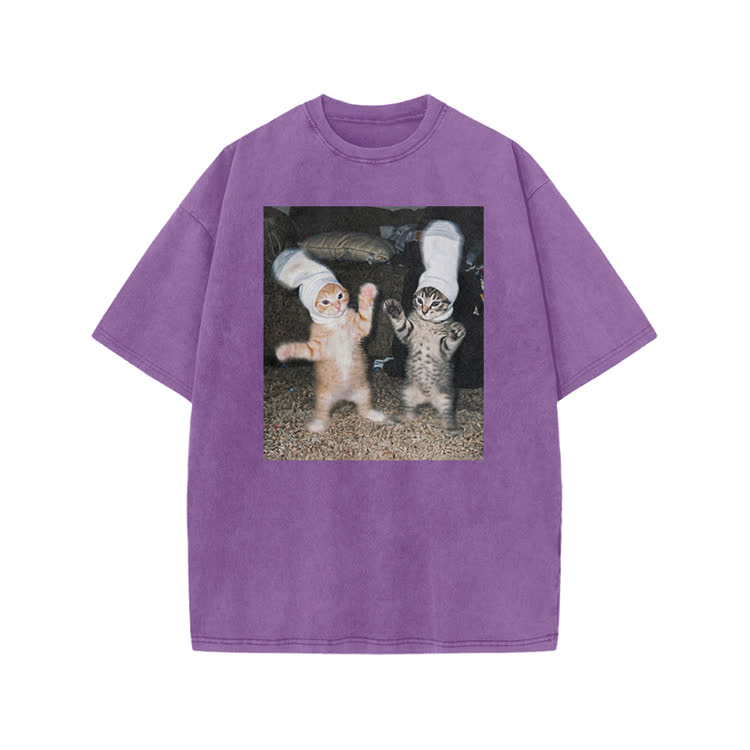 Vintage Photo Cute Twin Cat Graphic Print Acid Washed T-Shirt