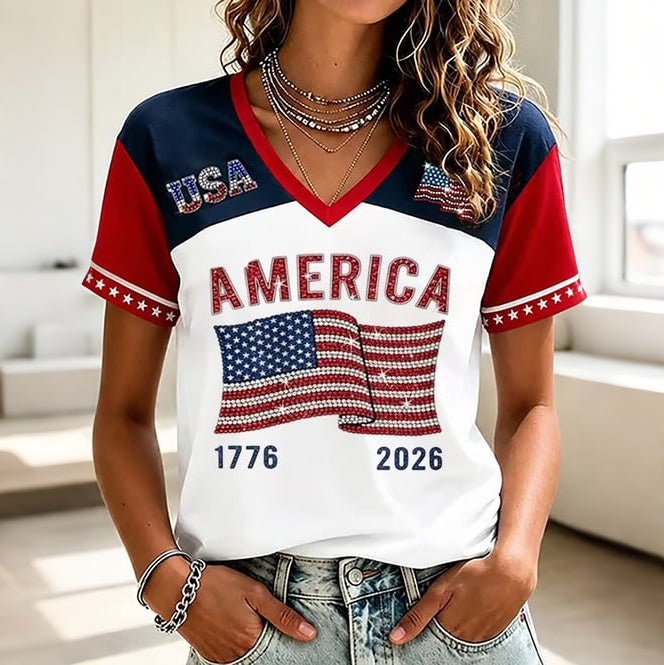 Women's Independence Day Flag Art V-neck Short Sleeve T-shirt