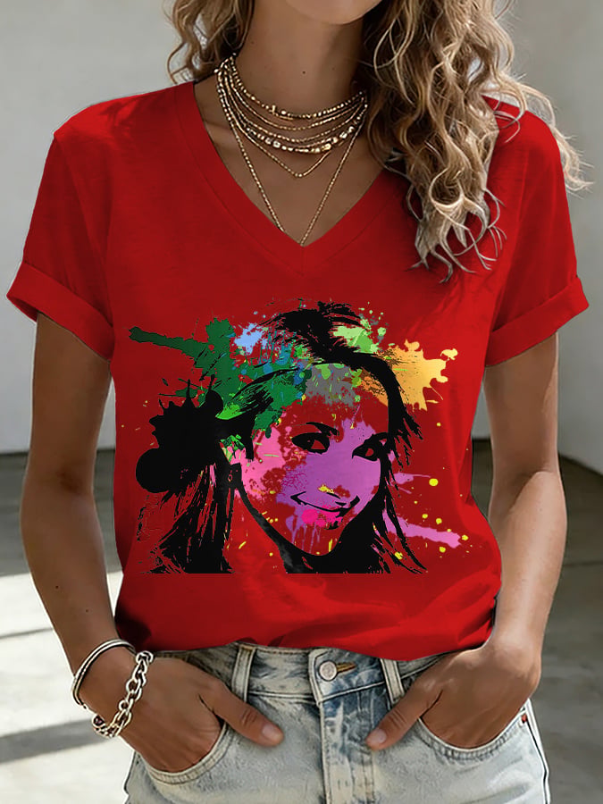 V-Neck Retro Watercolor Painting Print T-Shirt
