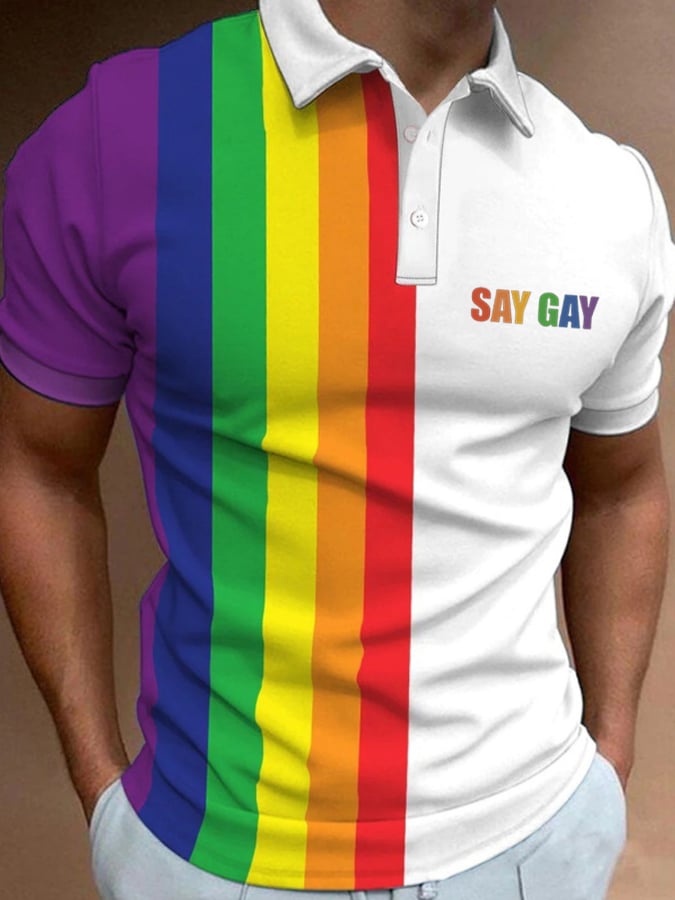 Men's Rainbow Multicolor Stripe Say Gay Print Polo Shirt