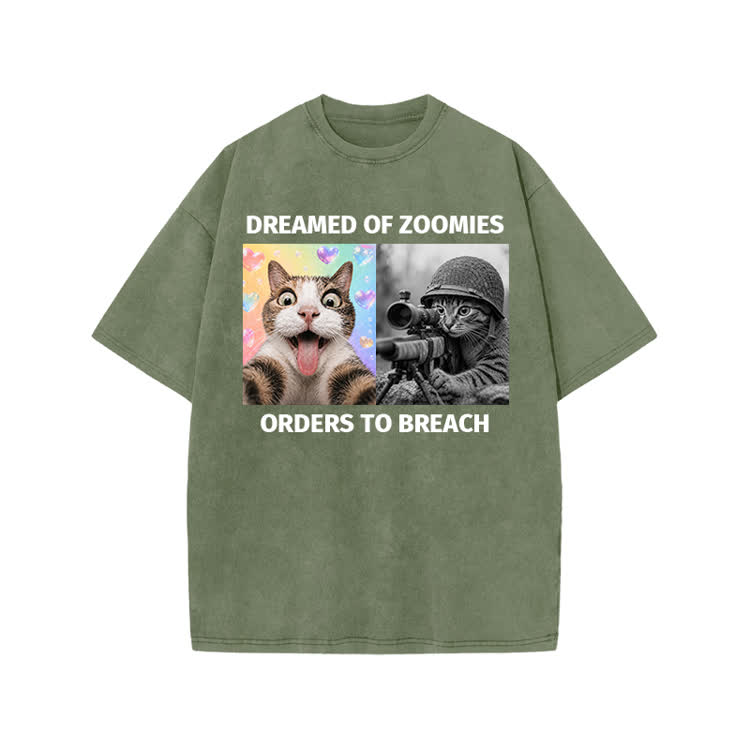 Streetwear Zoomies Cat Graphic Print Acid Washed T-shirt