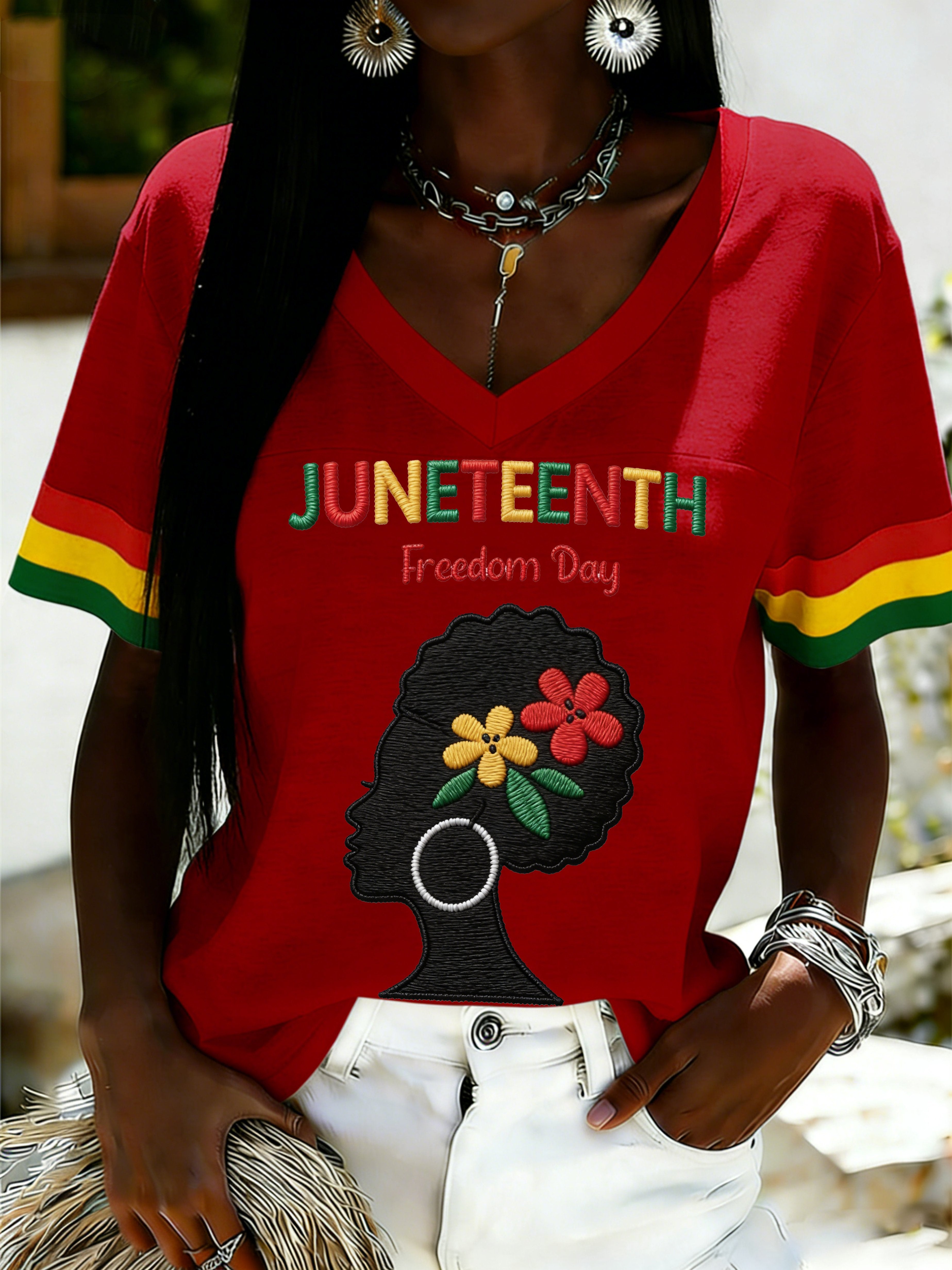 African American Women's Juneteenth Print V-Neck Top