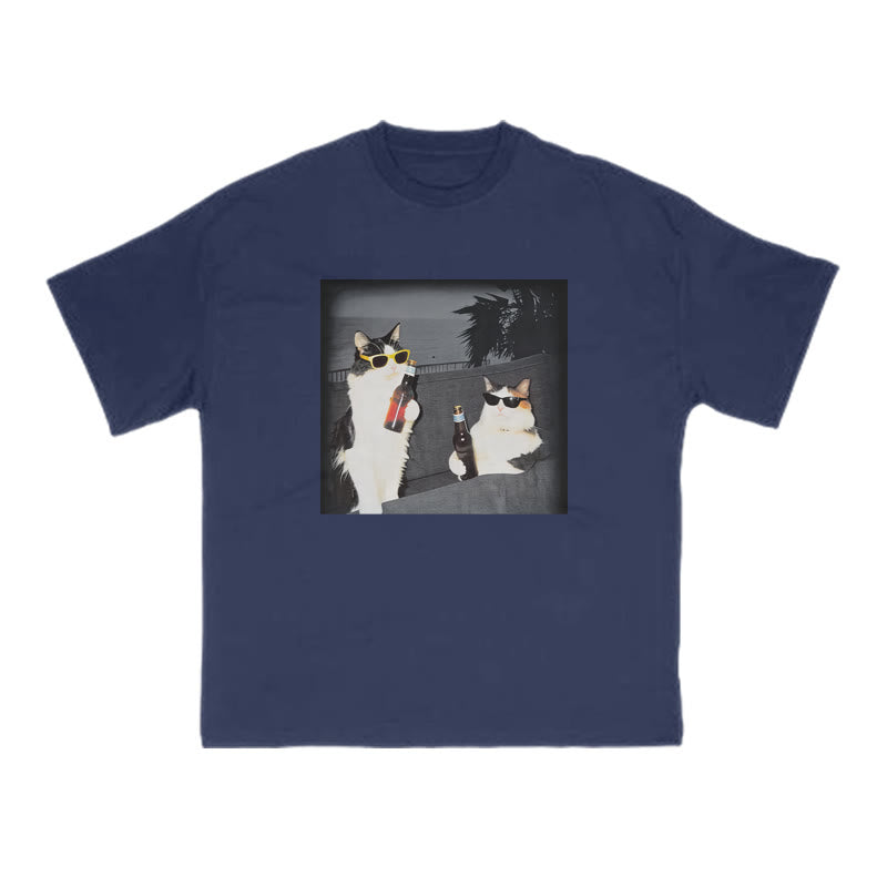 Two Cool Cats Enjoying Beer Print T-shirt