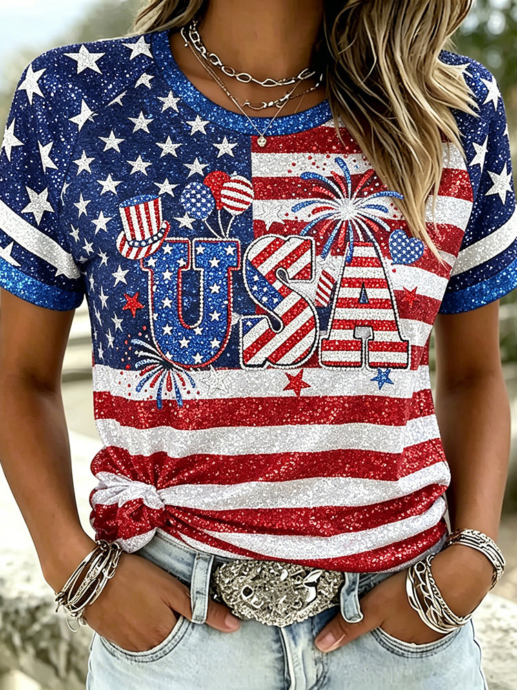 Women's Retro Sequin Independence Day Print T-shirt