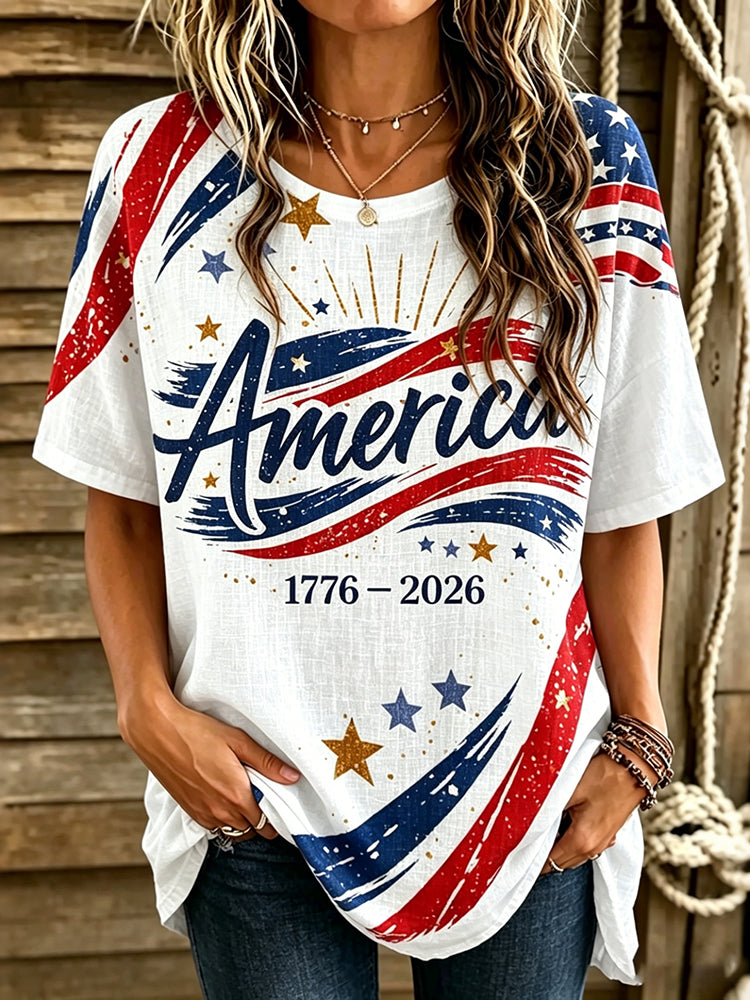 Women's  Flag Art Short Sleeve Linen Tops