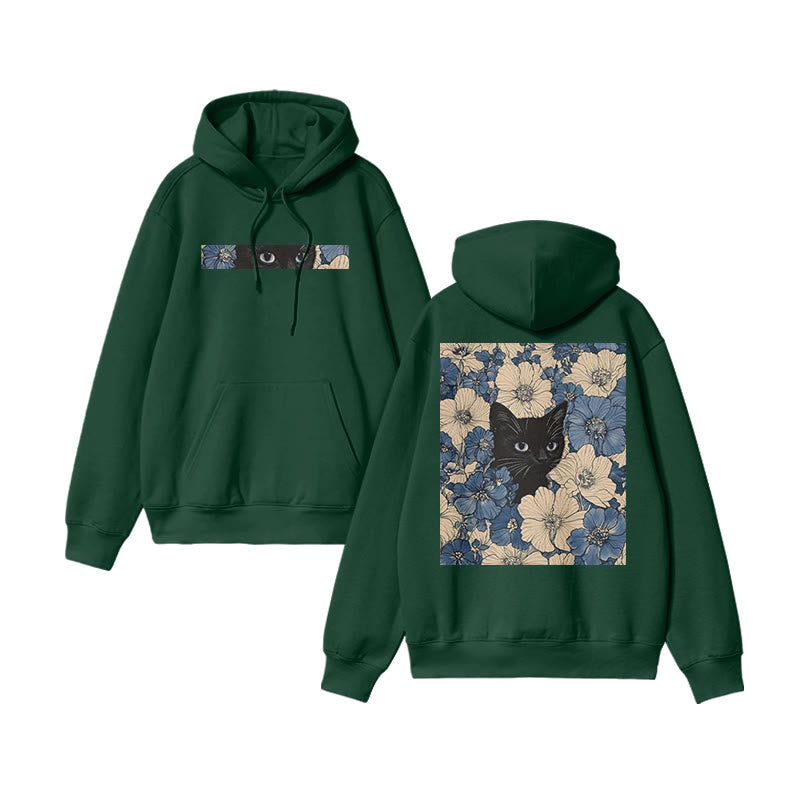 Black Cat In A Patchwork Flower Field Print Hoodie
