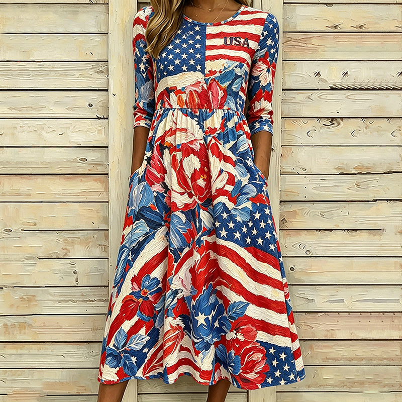 Women's American Anniversary Oil Painting Design Print Dress