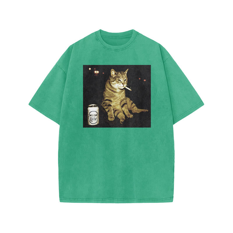 The Decadent Smoking Cat Meow Lite Beer Print Acid Washed T-shirt