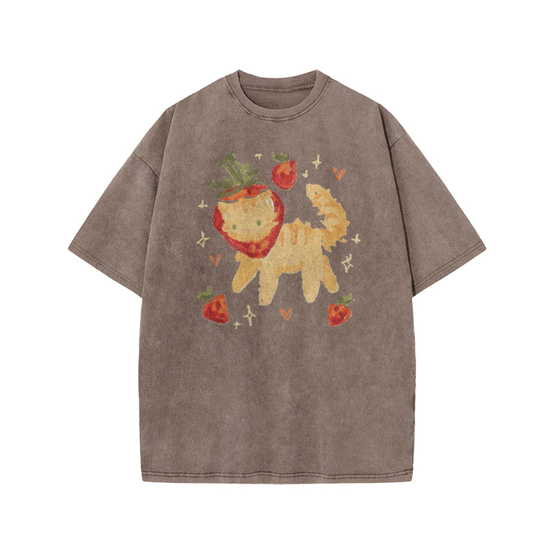 Cat Wearing A Strawberry Hood Print Acid Washed T-shirt