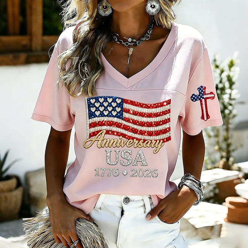 Women's Usa Anniversary Print V-neck T-shirt
