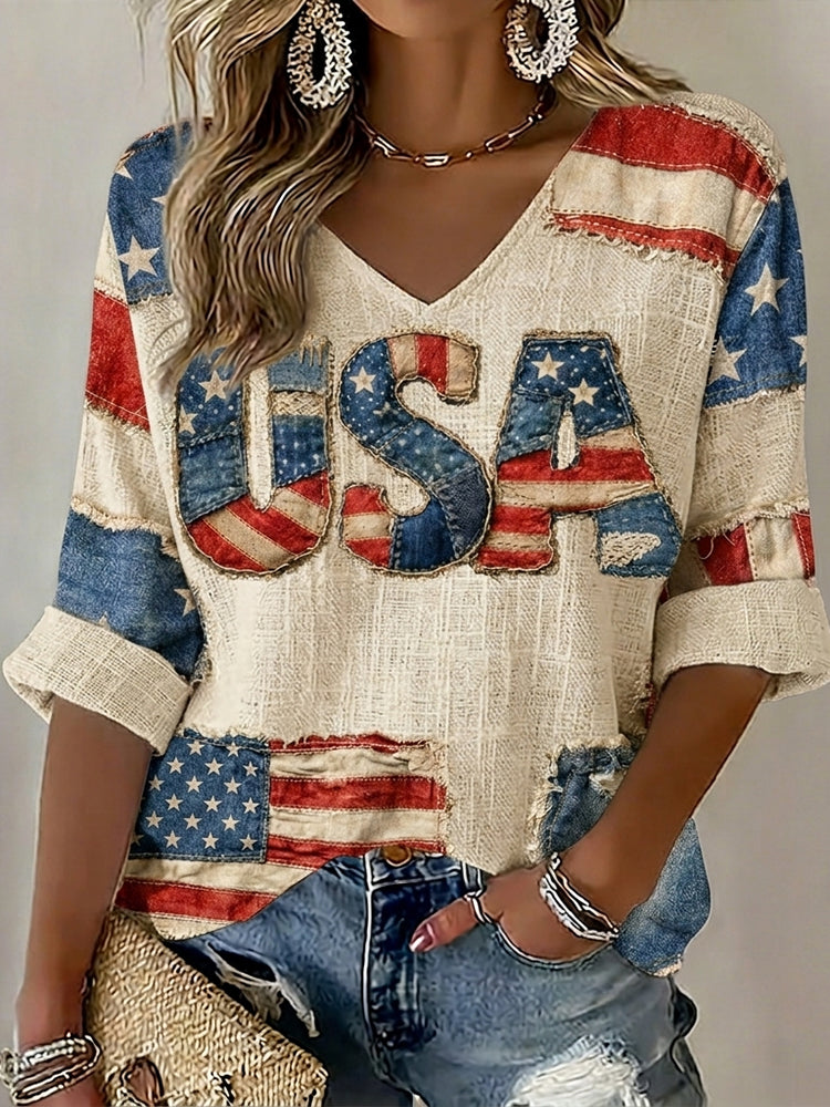 Women's Flag In Patchwork Art Three-quarter Sleeve V Neck Linen Tops