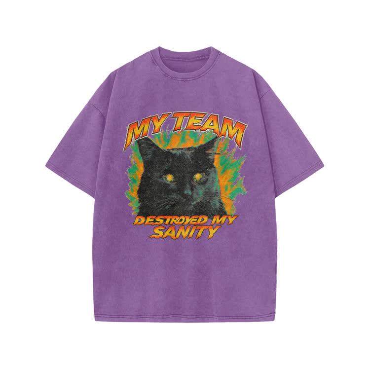 My Team Destroyed My Sanity Black Cat Graphic Print Acid Washed T-shirt