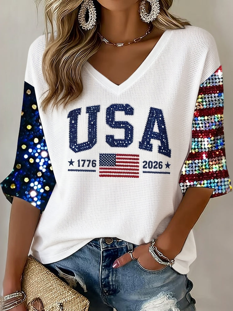 Women's Retro Independence Day Flag Art Three-quarter Sleeve V Neck Linen Tops