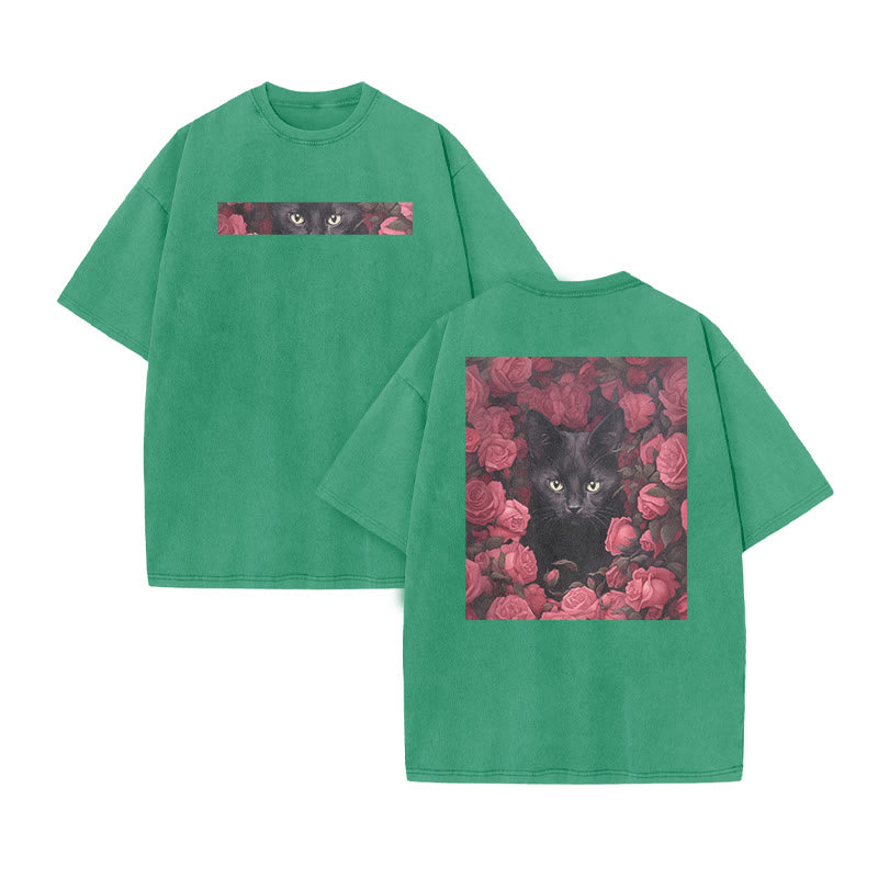 A Black Cat Hidden Among Clusters Of Magenta Roses Print Acid Washed T-shirt