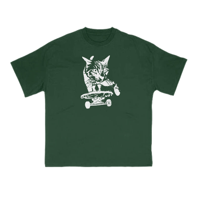 A Tabby Cat Skateboarding Print T-shirt