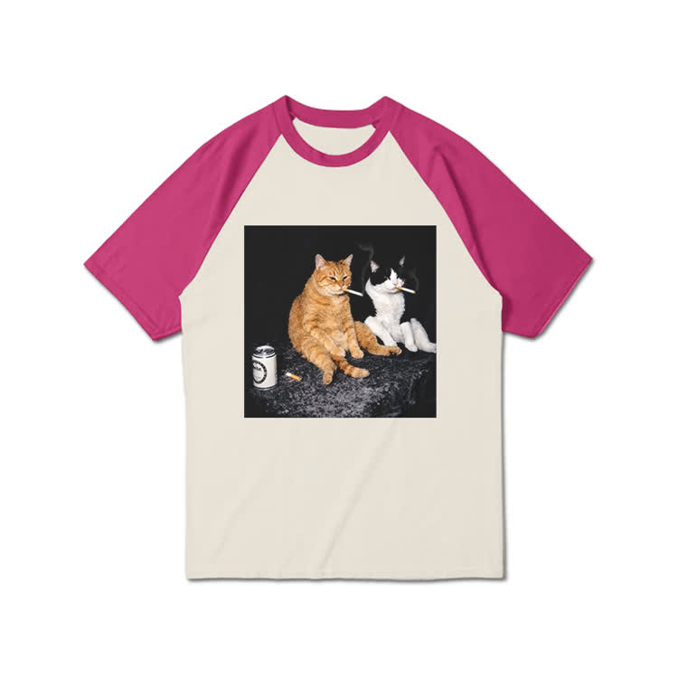 Vintage Smoking Cats Graphic Print Raglan Sleeve T-Shirt