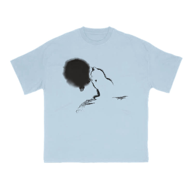Smoking Cat Full Moon Silhouette Print T-shirt