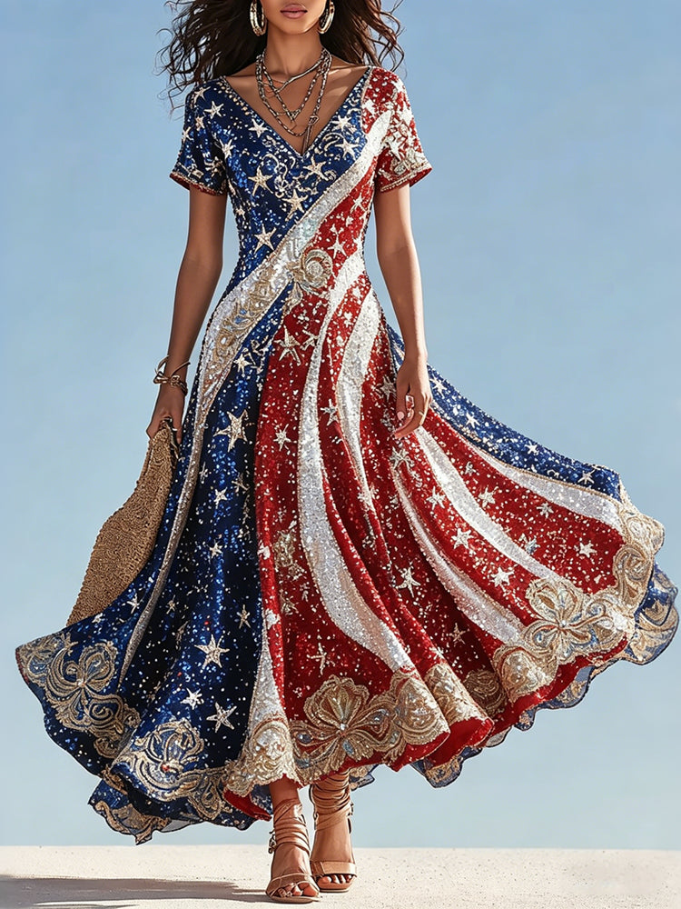 Retro Flag Design V-neck Short-sleeved Long Dress