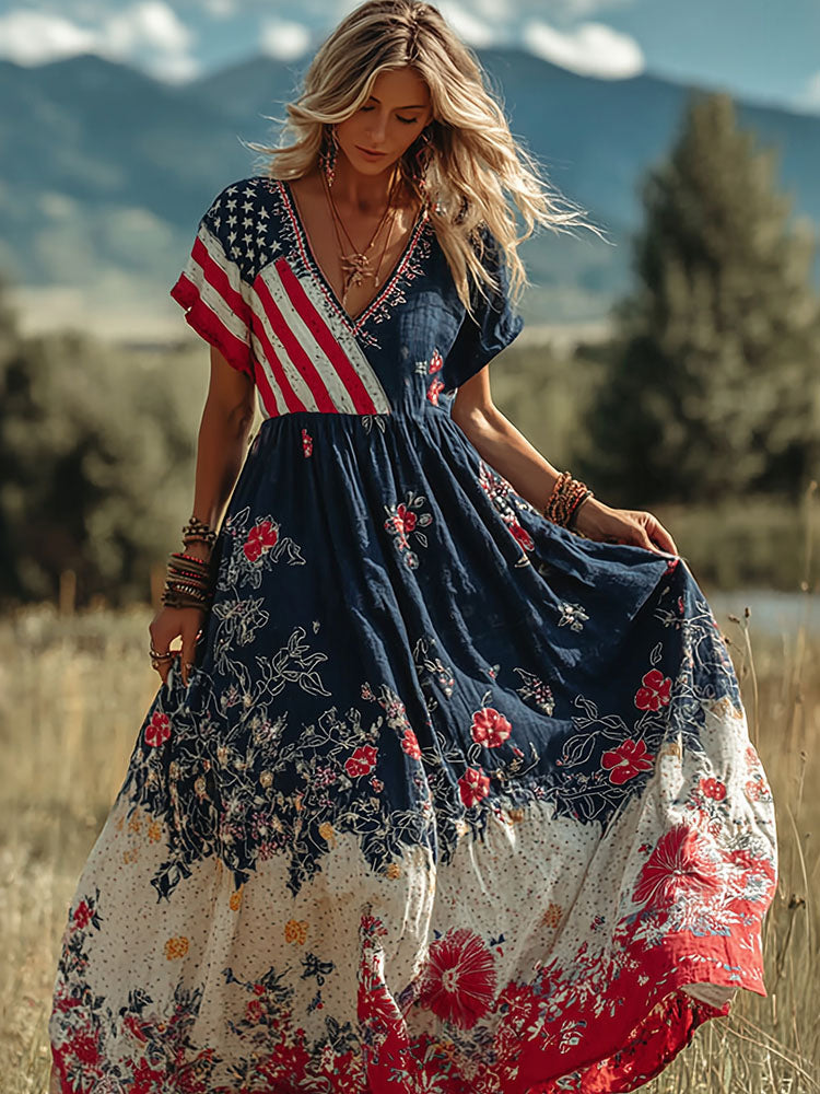 Women's Floral Flag Design Contrast Print Maxi Dress