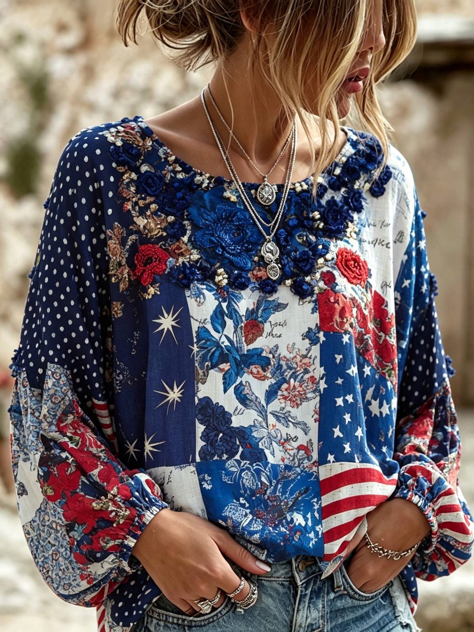 Women's Retro American Flag Rose Floral Patchwork Art Comfortable Cotton Linen Long-sleeved Top