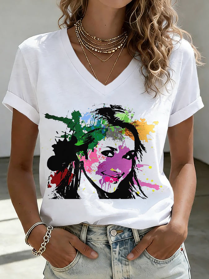 V-Neck Retro Watercolor Painting Print T-Shirt