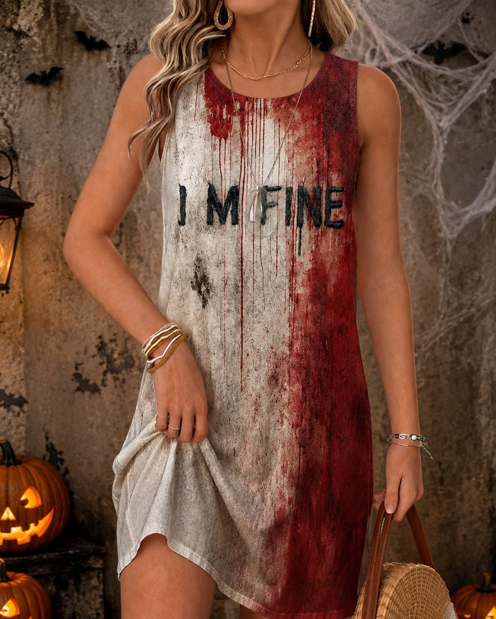 Women's Blood I'm Fine Halloween Printed Round Neck Sleeveless Mini Casual Dress