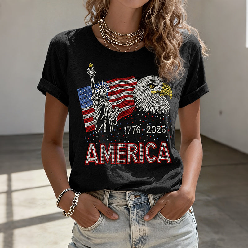 Women's American Flag And Eagle Rhinestone Pattern Casual T-shirt