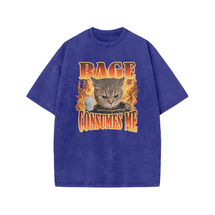 Vintage Washed Rage Consumes Me Cat Graphic Print Acid Washed T-shirt