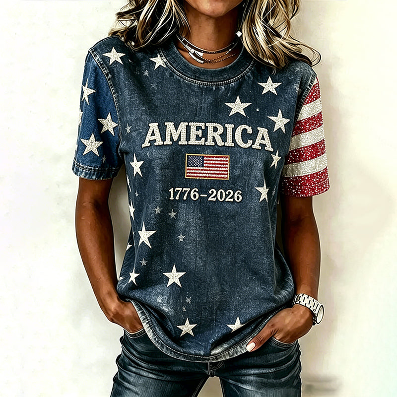 Women's American Flag Hot Drill Pattern Casual Washed T-shirt
