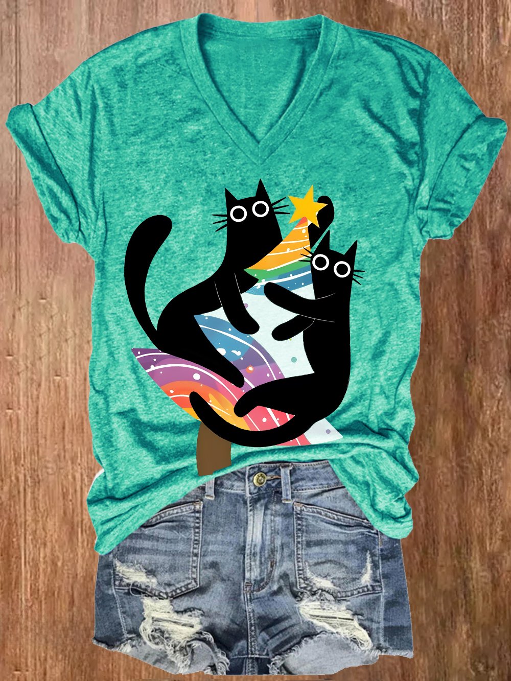 Women's Two Black Cats Holding A Rainbow Christmas Tree Pride Month And Cat Print V-Neck T-Shirt Top