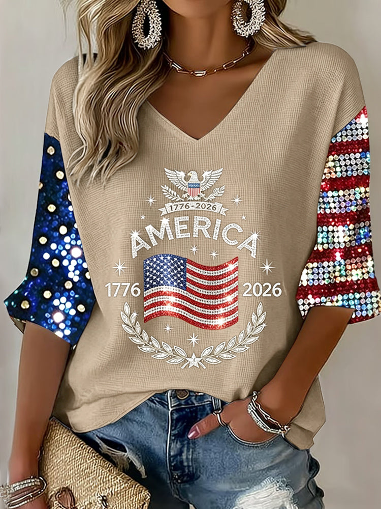Women's Flag Art Three-quarter Sleeve V Neck Linen Tops
