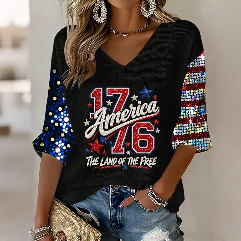 Women's Retro Flag Art V Neck Linen Tops