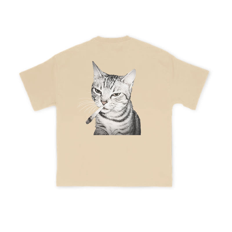 Tabby Cat With A Cigarette In Its Mouth Print Causal T-shirt
