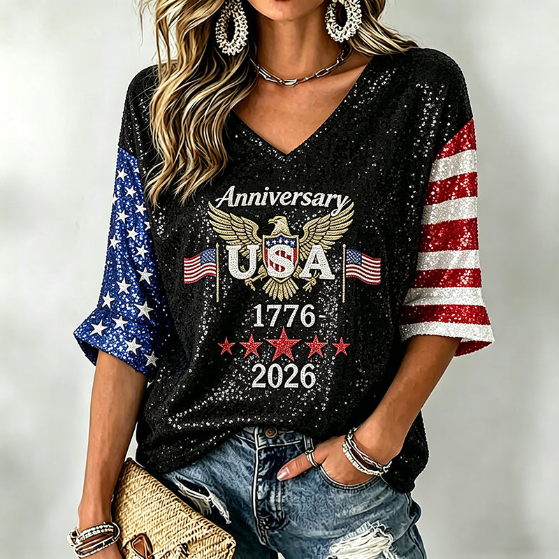 Women's Retro Independence Day Eagle Three-quarter Sleeve V Neck Linen Tops