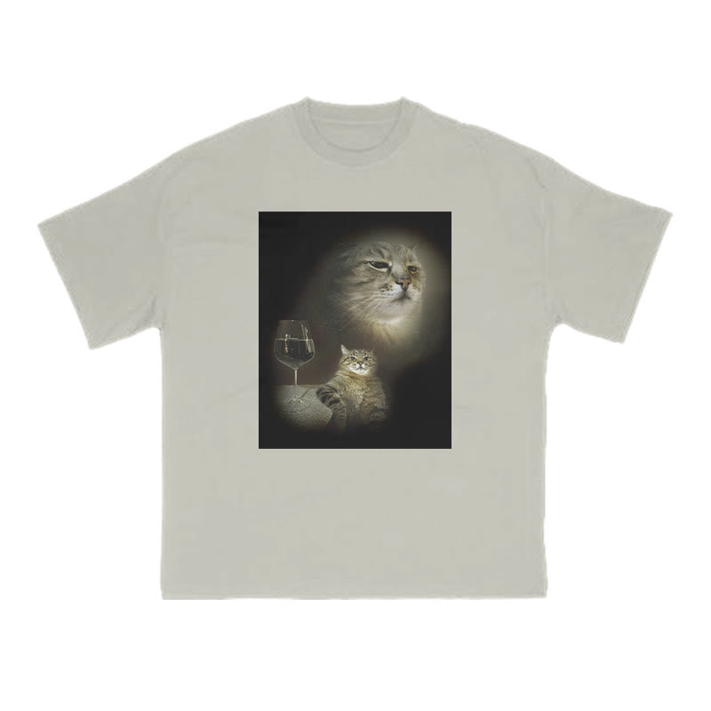 Unisex Cat And Wine Print T-shirt